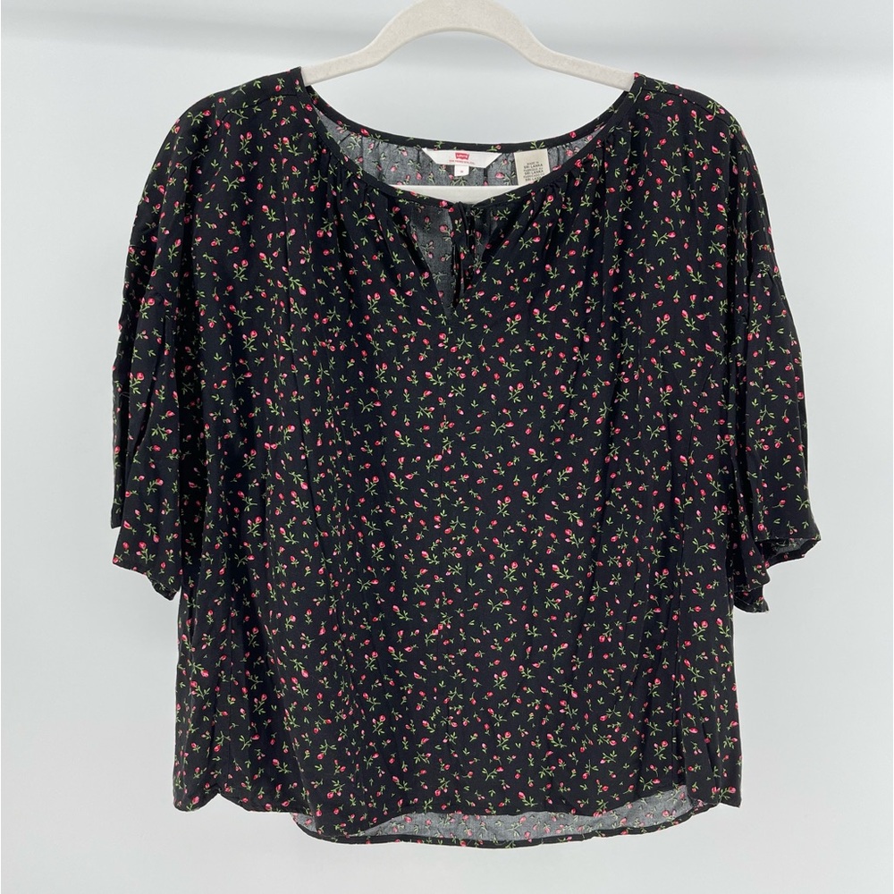 Levi's Black Dainty Floral Blouse, Flutter Sleeves, Relaxed Fit, Women's Medium
